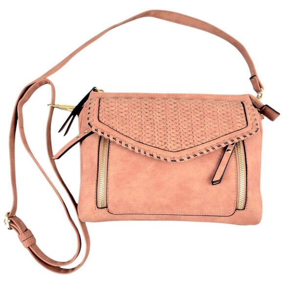 Versatile Blush Brown Braided Crossbody Purse Multi-Pocket Design Striped Lining - Picture 3 of 12